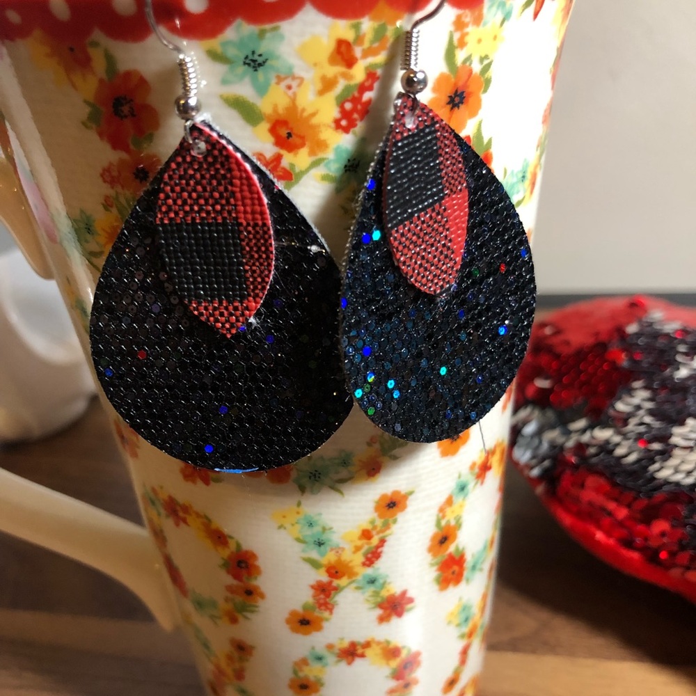 Black glitter with buffalo plaid earrings